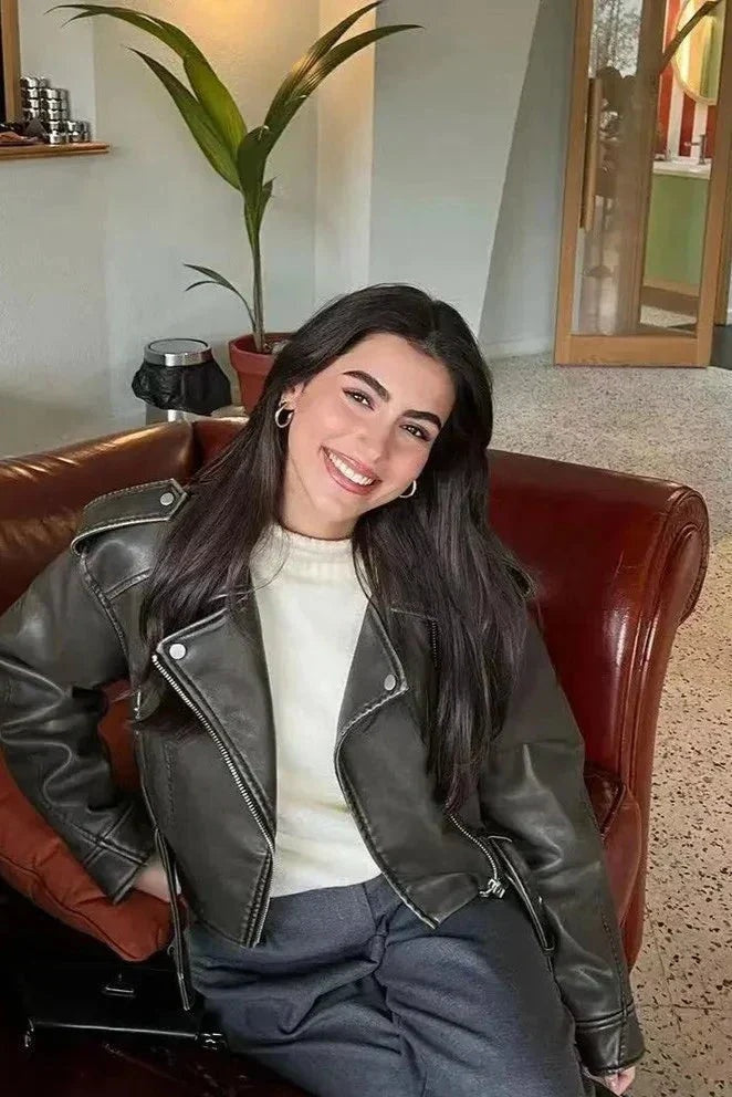 Daniela | Chaqueta Motera de Polipiel Mujer Corta con Cinturón